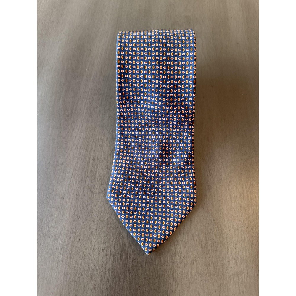 A. Mouley Paris Tie Mens Blue Orange Micro Oval Print 100% Silk Made in France